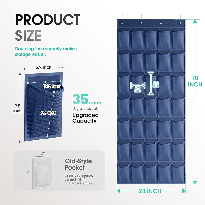 WVM Over the Door Shoe Organizer with 35 Breathable Mesh Pockets, Hanging Shoe Organizer for Door with 4 Metal Hooks, Large Capacity Closet Storage for Shoes, Accessories