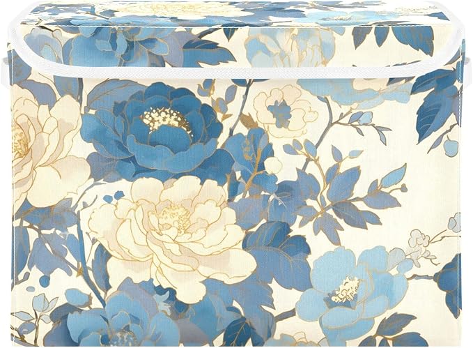 Blue White Peony Lidded Storage Bins with Handles - 16.5"x12.6"x11.8" Foldable Organizing Box, Oxford Fabric & Honeycomb Board, Dust-Proof Flip Lid for Closet/Office