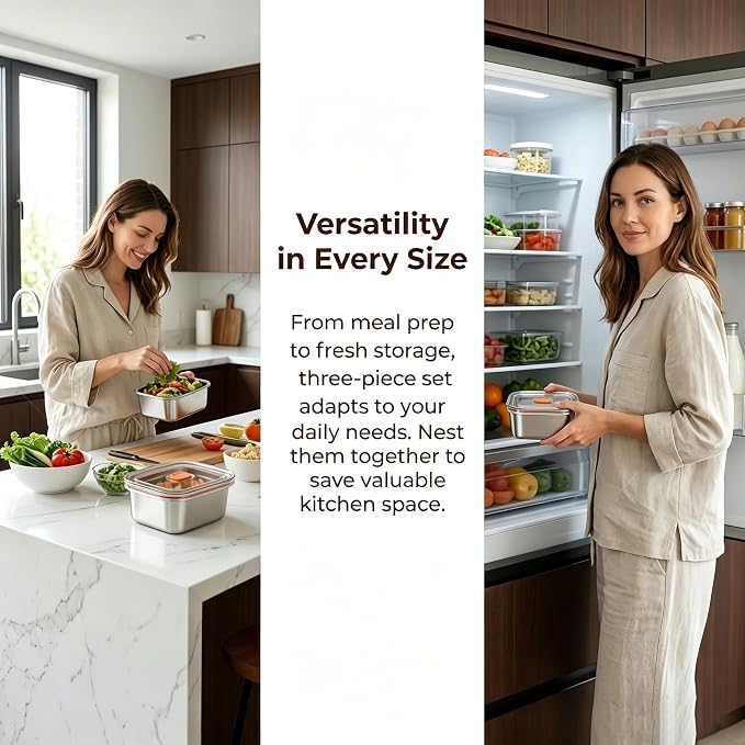 3 Pack Stainless Steel Food Storage Containers with Lids, Meal Prep Containers, Vacuum-Sealed Airtight Leakproof, Microwave/Dishwasher/Freezer Safe, Multi-Size for Fresh Storage (15+27+37oz)