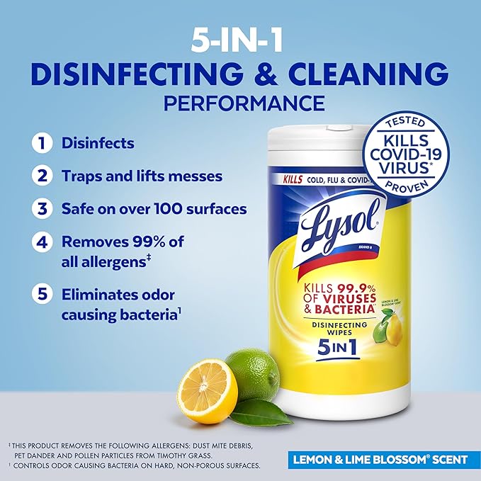 Lysol Disinfecting Wipes, Multi-Surface Cleaner, Lemon, 80 ct. (4 Pack) | All Purpose Cleaner, Sanitizing, Deodorizing, Apartment Essentials, Back To School Cleaning Supplies, Kitchen & Bathroom Wipe