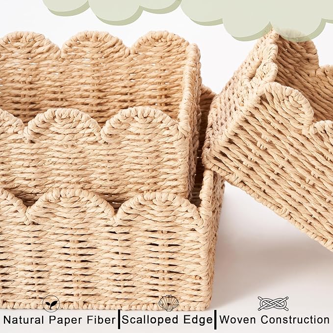 Scalloped Wicker Baskets, Set of 3 Hand-Woven Storage Baskets with Handles - Paper Rope Shelf Organizers & Decorative Baskets for Shelves, Closet, Bathroom (Beige）