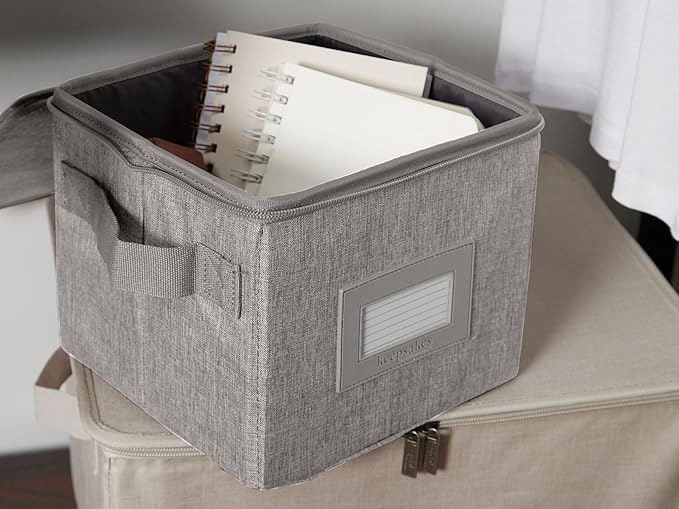 Covermates Keepsakes Zip-Top Storage Box Set, 3 Pack Heavy Duty Polyester Organizer Bins, Stackable Design, ID Window, Reinforced Handles, Closet Home Storage, Grey Heather