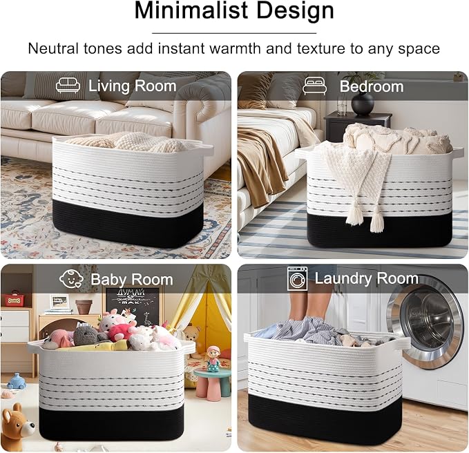 OIAHOMY 108L Extra Large Blanket Basket, 25”x16”x16” Rectangle Woven Cotton Rope Baskets for Living Room, Toy Storage with Handle- Gradient Black
