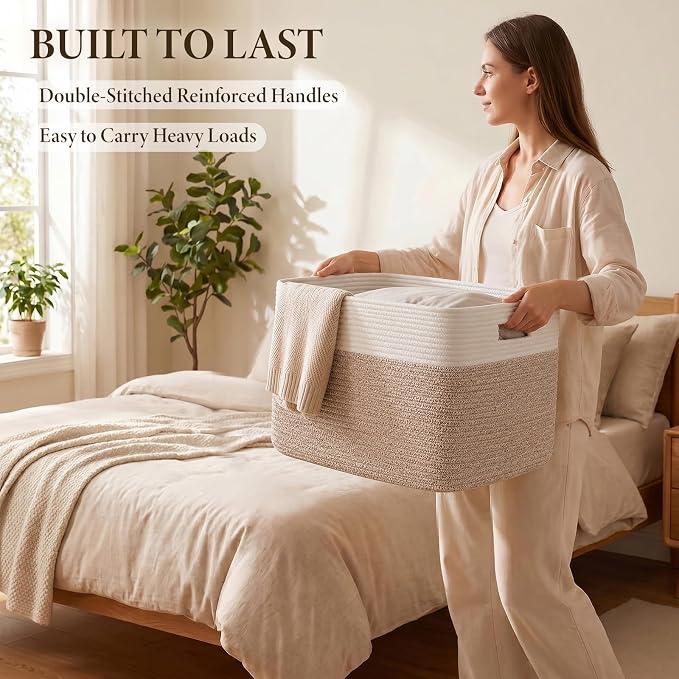 Blanket Basket, Cotton Rope Woven Storage Basket for Living Room, Toy Bin for Kids, Nursery, Baby Room Decorative Organizer, 18''×14''×12'', Brown & White