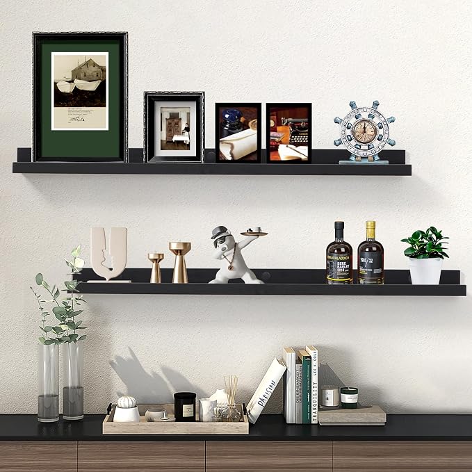 AZSKY 36 Inch Picture Ledge Shelves Set of 3, Rustic Wood Floating Shelves for Photo Frames, Nursery & Kids Book Shelves, Wall Mounted Bathroom Organizer (Black)