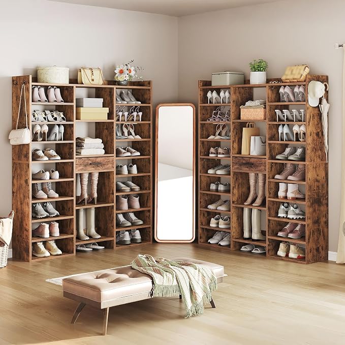 HOOBRO 10 Tier Shoe Rack Tall, 47" Large Wooden Shoe Rack Organizer, 61" Tall Shoe Shelf with Cubbies and Fabric Drawer, for 25-33 Pairs of Shoes, Entryway Shoe Organizer, Rustic Brown FG10SC01