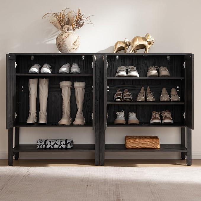 SICOTAS Rattan Shoe Storage Cabinet, 5 Tier Shoe Organizer with Doors and Shelves, 24 Pair Capacity Tall Farmhouse Boho Shoe Rack for Entryway Hallway Living Room Closet, Obsidian