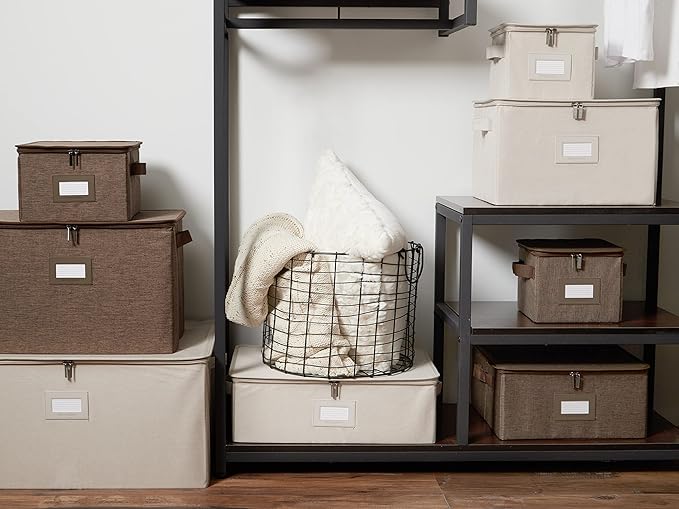 Covermates Keepsakes Zip-Top Storage Box Set, 3 Pack Heavy Duty Polyester Organizer Bins, Stackable Design, ID Window, Reinforced Handles, Closet Home Storage, Beige Heather