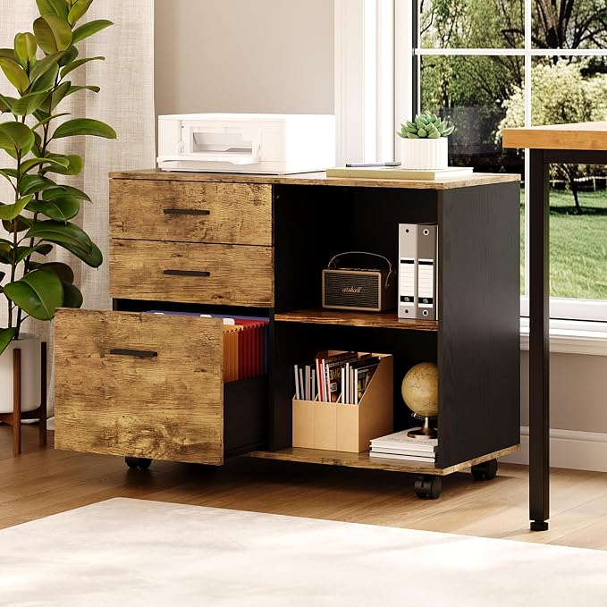 VINGLI 3 Drawer Wood Lateral File Cabinet with Adjustable Shelves & Locking Wheels, Printer Stand with Drawers for Letter, Sturdy Black File Cabinets for Home Office, Study & Business, Rustic Brown