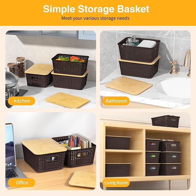 Plastic Storage Baskets with Bamboo Lids and Labels, Stackable Storage Containers, Storage Bins for Organizing Shelves Drawers Desktop Closets Office, 6 Packs-Brown