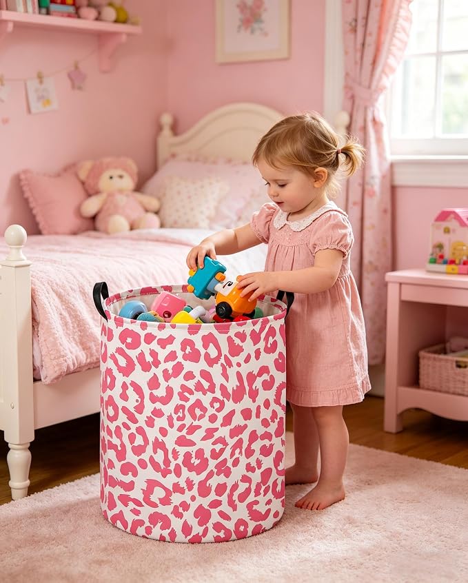 Pink Leopard Print Hamper,Baby Laundry Hamper,Waterproof Collapsible Baby Storage Baskets for Kid Room Decor,Clothes Organizer Basket,Gift Baskets(Pink Leopard Print)