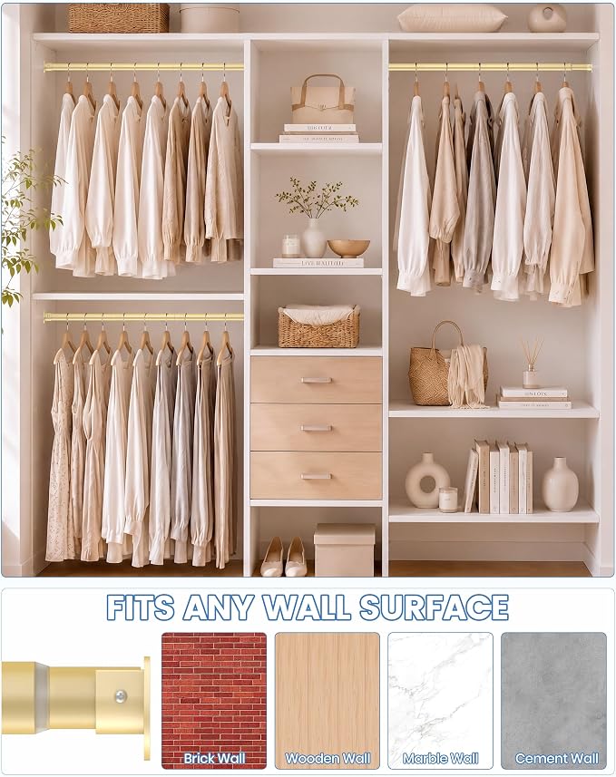 Closet Rod,17-75 Inch,Heavy-Duty Adjustable Closet Rods for hanging clothes | Easy to Install,1.3 Inch Diameter 66 lbs max load,Heavy-Duty Thickened Metal