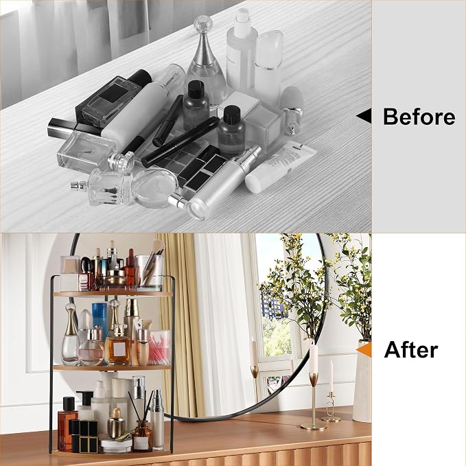 3 Tier Corner Bathroom Counter Organizer, Countertop Organizer, Makeup Organizer Countertop, Bathroom Storage Sink Shelf, Wooden and Metal Counter Shelf (Light Brown)
