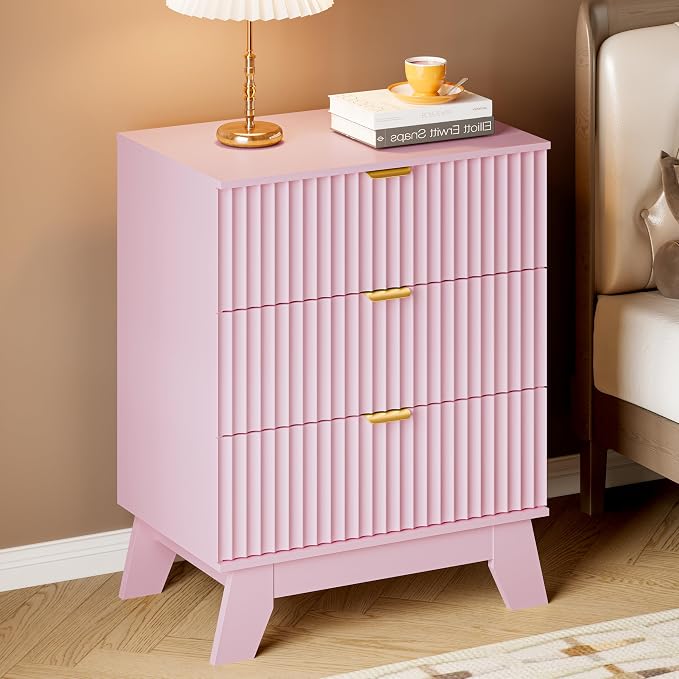 BORNOON Fluted 3 Drawer Dresser, 30.3" Tall Compact Modern Boho Chest of Drawers, Wooden Storage Cabinet for Bedroom, Living Room, Entryway, Curved Profile Design