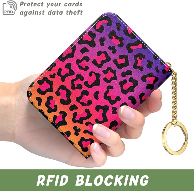 Aiawoxc Credit Card Holder, Small RFID Wallet Slim Leather Card Organizer Case with Zipper and Keychain, Colorful Leopard Print