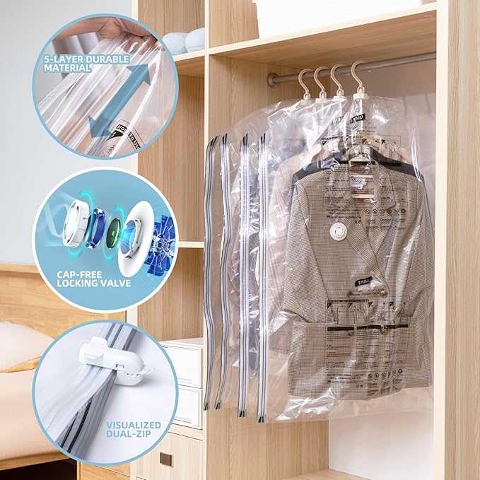 Hanging Vacuum Storage Bags with Electric Pump, 6 Pack (41.3 x27.6 inch), Vacuum Seal Bags for Clothing, Garment Storage for Short Jacket, Suits, Dresses, Closet Organizer Space Saving