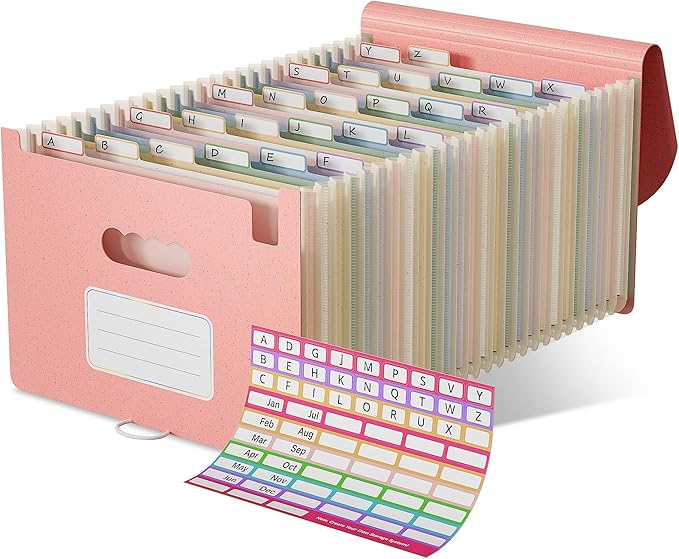 EcoStash Wheat Straw Accordion File Organizer, 26 Pockets Expanding File Folder, Monthly Bill Receipt Organizer with A-Z Tabs, BPA Free, Letter/A4 - Strawberry Pink