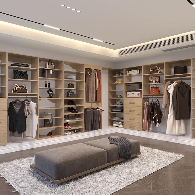 Modular Closet Organizer, 90" Wide, Wood Tower Storage with Hanging Shelves, Wall Mounted for Bedroom