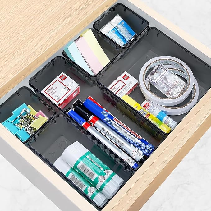 StorMiracle 25 PCS Drawer Organizer Set, 4 Varied Size Bathroom and kitchen Drawer cabinet organizer Trays, Clear Storage Bins for Makeup, Jewelry, Utensils and Gadgets，Black