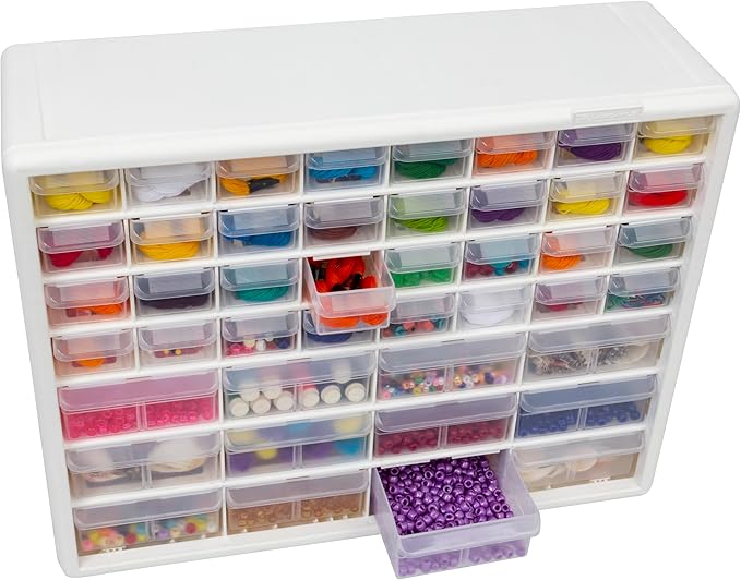 Akro-Mils 44-Drawer Plastic Drawer Storage Cabinet for Garage Organization, Bead Organizer, Building Bricks Storage, Teacher Toolbox, Makeup Organizer, 20-Inch W x 6-Inch D x 16-Inch H, 10144 White