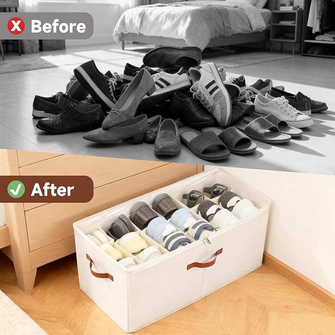 2-Pack Extra Large Shoe Organizer for Closet, Foldable Shoe Storage Container with Adjustable Dividers & Clear Lid, Holds Up to 18 Pairs, Space-Saving Shoe Boxes, White