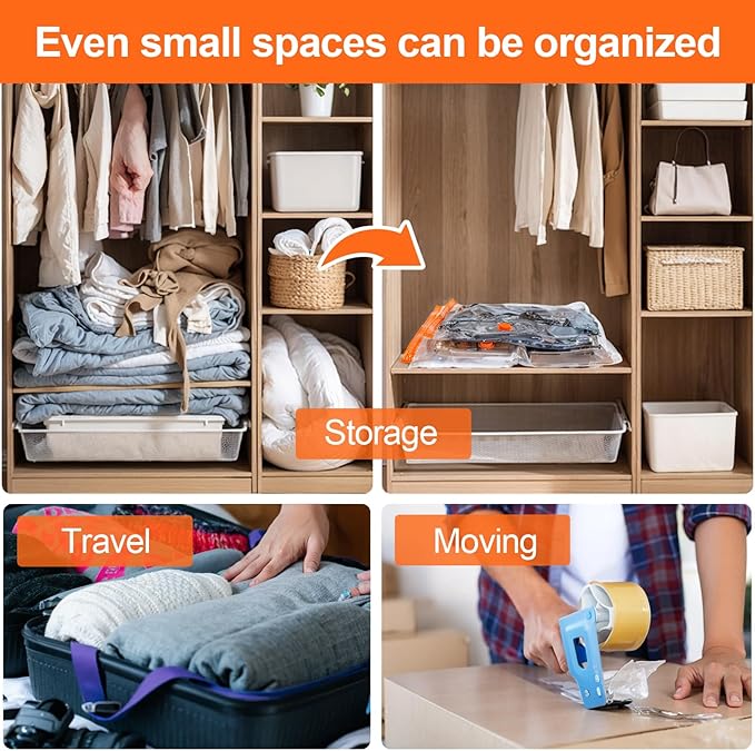 AGPTEK 12 Pack Vacuum Storage Bags(3 Jumbo/Large/Medium/Small) Compression Storage Bags for Blankets Clothes, Space Saver Vacuum Seal Bags for Clothing Bedding Travelling Luggage(Electric Pump)