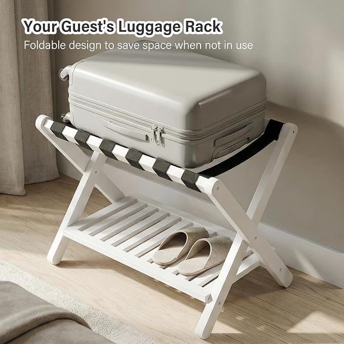 Heybly Luggage Rack for Guest Room,Bamboo Folding Luggage Stand & Suitcase Holder,Suitcase Stand, 5 Heavy-Duty Straps,Holds up to 165 Lbs, Heavy Duty Luggage Rack for Bedroom Hotel, White, HLR013W1