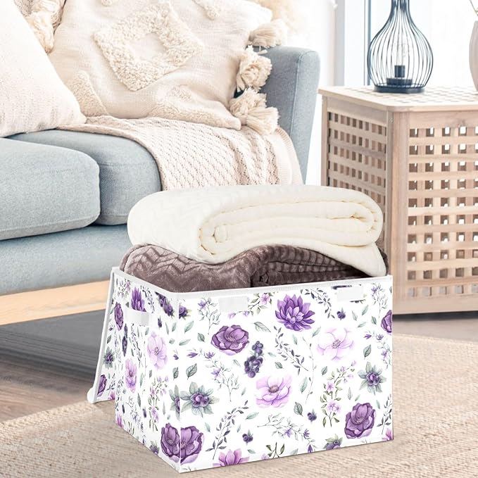 CaTaKu Large Fabric Storage Bins With Lids, Watercolor Purple Floral Storage Boxes With Handles for Organizing Clothes, Collapsible Storage Cube Bins Baskets for Shelves