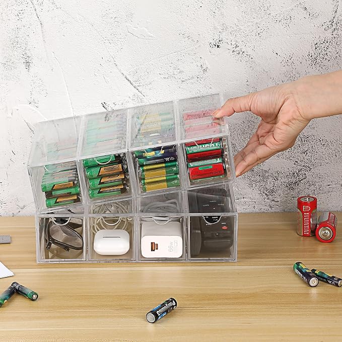 BTSKY Clear Acrylic Battery Storage Organizer for AA, AAA, 9V, C Batteries | 4-Drawer Storage Box Battery Holder Organizer for Common Types Batteries, Household Container, 3 Pack(Batteries Not Included)