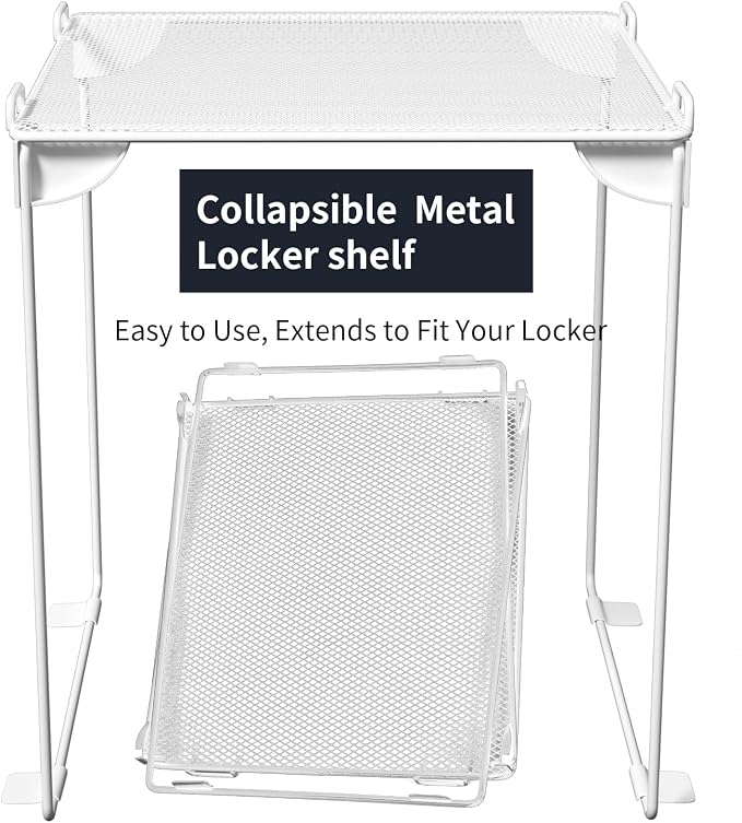 Neudeco Locker Shelf 2 Pack - Organizer for School Gym Office - White 12“ | Stackable, Extra Tall, Collapsible, Metal Mesh Build, Fits Standard Size