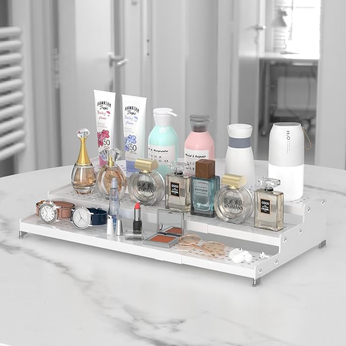 Jojocross Spice Rack Organizer for Cabinet, 3 Tier Expandable shelf, Great for Kitchen Cabinets, Cupboard,Pantry and more,Metal plate with hole (1 Pack/White,9.45" D x 12.8"~24“L x 3.56" H)