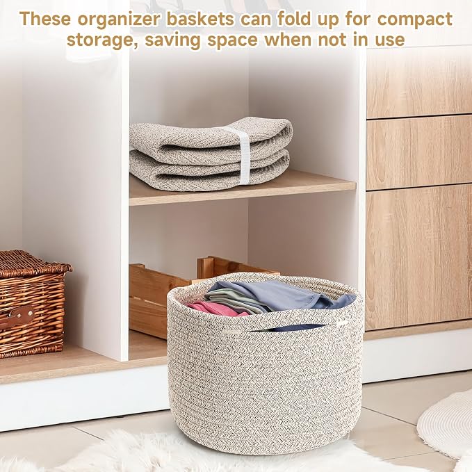 Small Rope Baskets for Storage, Baskets for Gifts Empty, Cute Round Woven Basket, Decorative Shelf Baskets 9.82×9.82×7.1", Cotton Toy Basket Storage Bins for Organizer 3 Packs-Brown