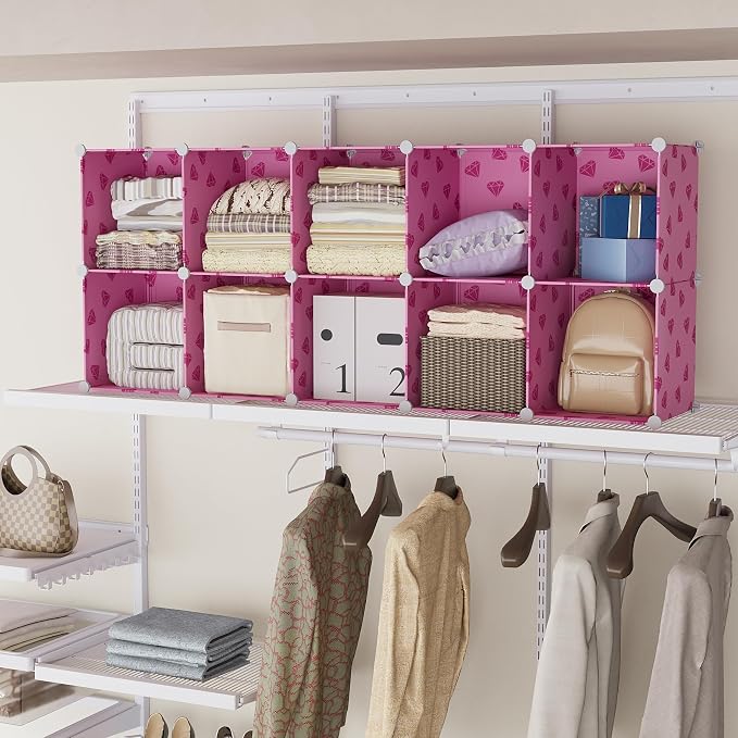 UNKU Cube Storage Organizer, 3 Cube Closet Organizer Storage Shelves, DIY Stackable Bookcase, Clothes Organizer Shelf for Closet, Bedroom, Living Room, Cabinet, Home, Office, Pink