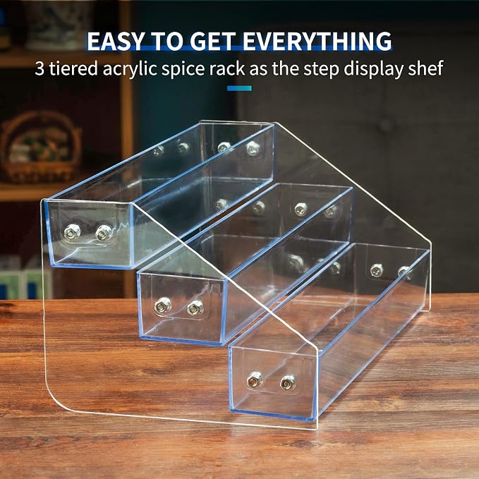 Acrylic Spice Rack, Tiered Spice Rack Shelf Seasoning Organizer | for Countertop, Cabinet, Pantry, Kitchen Storage - 3 Tier