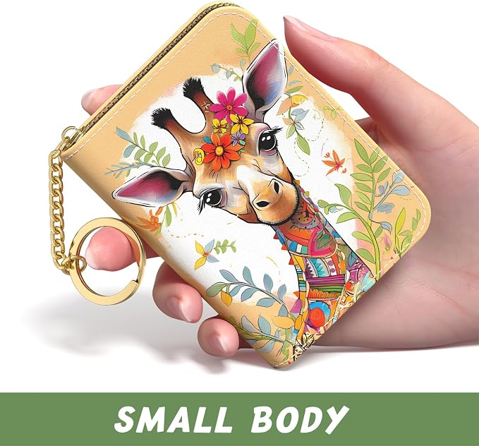 Aiawoxc Credit Card Holder, Small RFID Wallet Slim Leather Card Organizer Case with Zipper and Keychain, Cute Deer