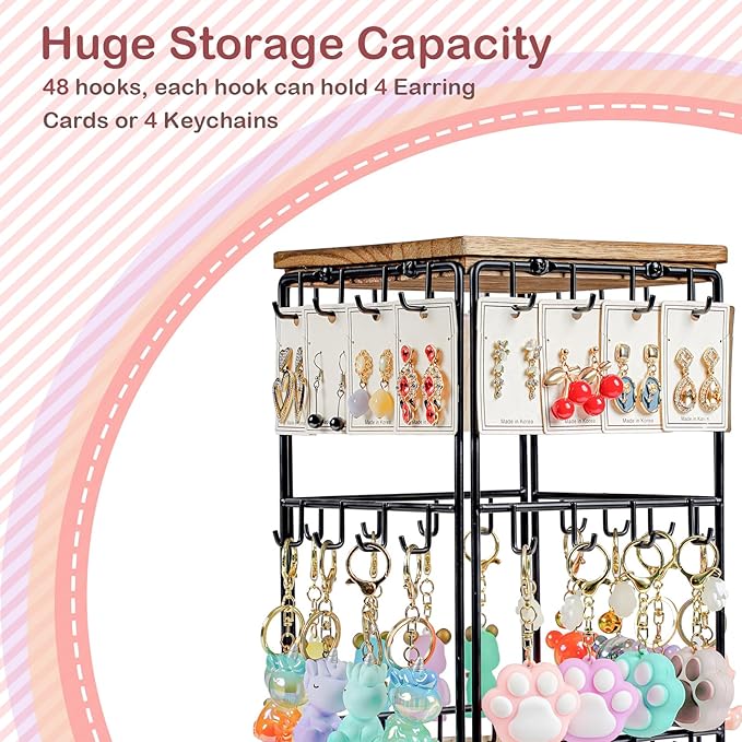 360 Rotating Earring Display Stands for Selling, Earring Rack Display Holder Stand, Jewelry Display for Vendors Selling Earring Cards, Necklaces, Bracelets, Hair Accessories (48 Hooks)