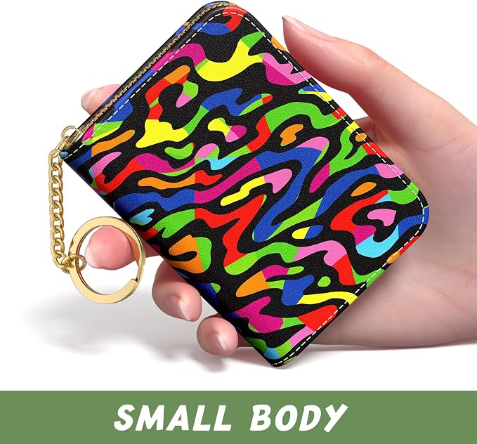Aiawoxc Credit Card Holder, Small RFID Wallet Slim Leather Card Organizer Case with Zipper and Keychain, Abstract Rainbow Art