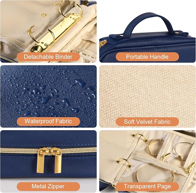 Travel Jewelry Organizer Case for Women, Blue | 5 Zipper Pouches, For Necklaces, For Earrings, For Rings, For Bracelets