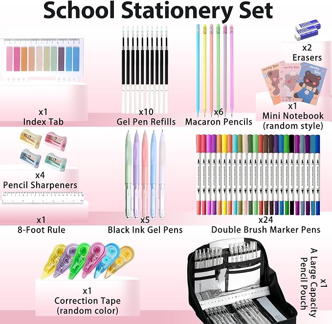Ristpal 56 PCS Aesthetic School Supplies with Large Pencil Case, 24 Double Brush Marker Pens, 5 Black Ink Gel Pens, 6 Macaron Pencils, 4 Sharpeners, Sticky Notes, Ruler, Erasers, Stationery Gift