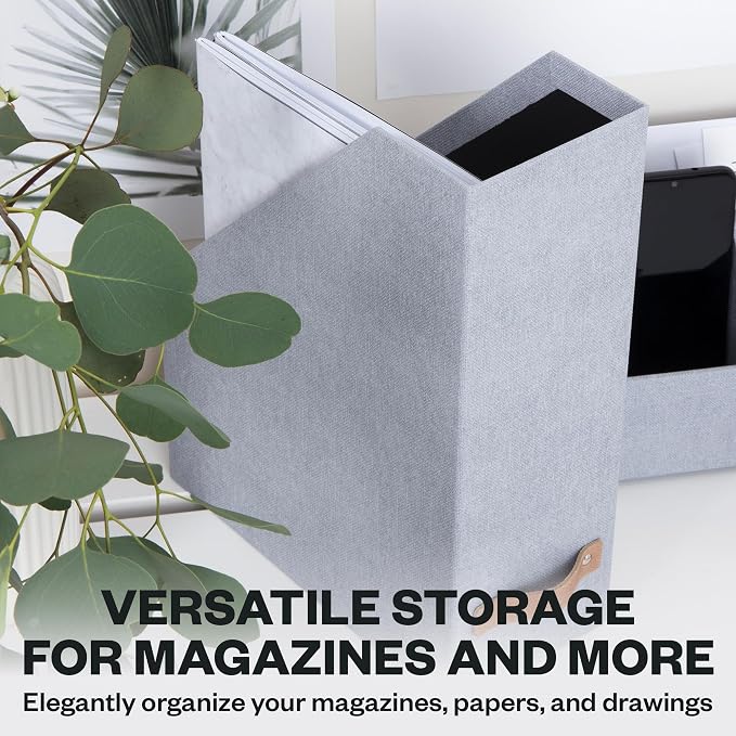 Bigso Estelle Magazine File - Magazine Holder and Organizer for Papers and Catalogs with Leather Handle - Magazine File Holder for Office Desks - 12.6 in x 4.5 in x 9.8 in - Ash Ballard