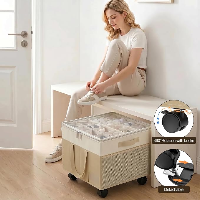 Large Shoe Organizer for Closet, 16 Pairs Shoe Storage Box with 360° Wheels & Reinforced Handles, Adjustable Dividers, Clear Cover, Side Pocket, Foldable Oxford Fabric Bin for Entryway, Beige