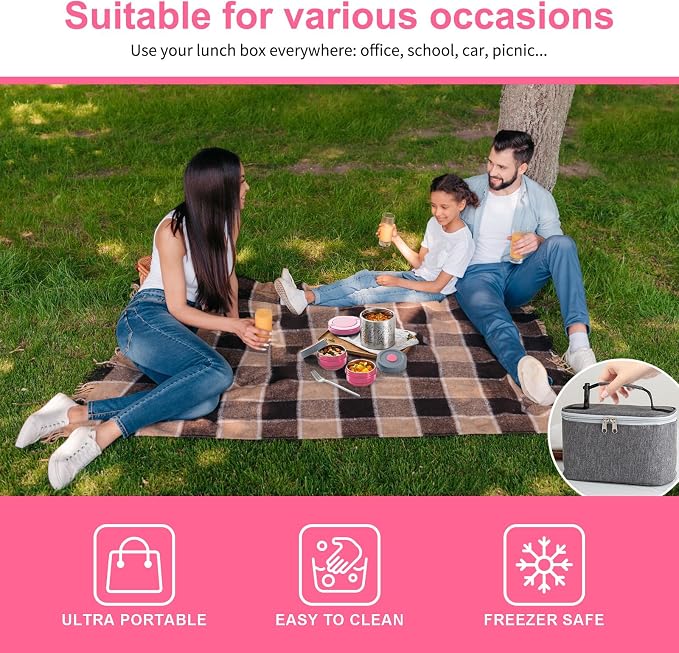 Lille Home Stainless Steel Thermal Lunch Box Set with Lunch Bag and Cultery | 22 Oz Vacuum Insulated Lunch Bento Box, to Keep Food Warm/Cool, 2 Small Food Container for Snack, Fruits and Sauces (Pink)