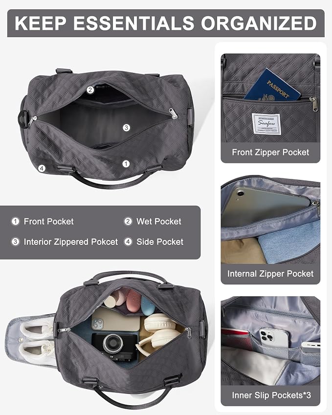 Gym Duffle Bag for Women with Shoe Compartment Waterproof Travel Tote Bags Personal Item Carry On Weekender Overnight Bags with Toiletry Bag Swimming Yoga Bags Hospital Holdalls Black Grey