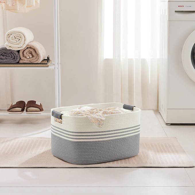 45L Small Woven Laundry Basket Hamper with Leather Handles,Grey | 18"x14"x11", collapsible wicker hamper, storage for dirty clothes, toys, blankets, gifts, living room, bedroom, bathroom