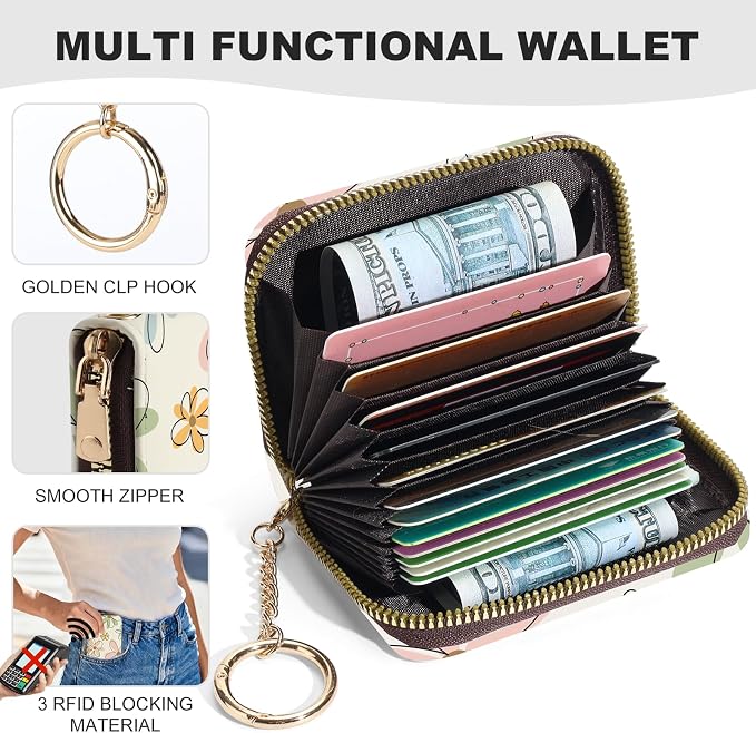 Credit Card Holder for Women,Small Rfid Wallet with Keychain Zipper,Cute PU Leather Card Case Wallet，Accordion Credit Card Wallets Gift,Colorful Line Flowers