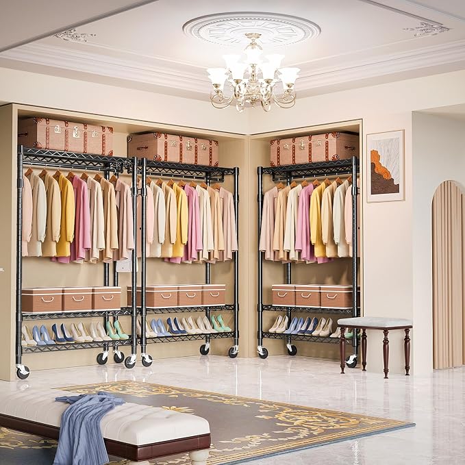 M MZG Heavy Duty Rolling Garment Rack 3 Tiers Adjustable Wire Shelving Clothes Rack with Rods and Side Hooks,Storage Closet Clothing Rack with Wheels Black 17.7" D x 47.2" W x 83.6" H