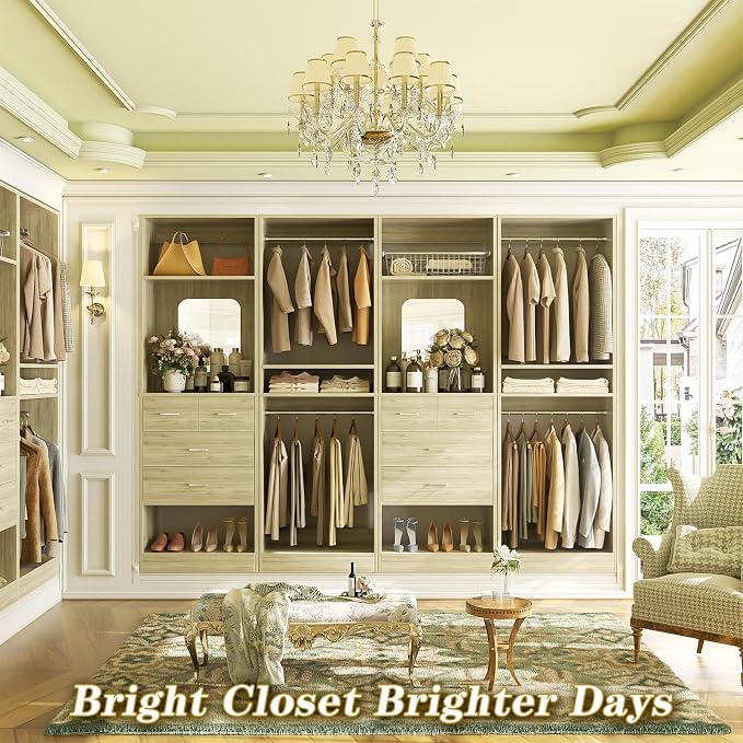 Unikito 100" Closet System with Drawers, 8.3FT Wood Closet Organizer with Hanging Rods, Mirror and Shelves, Large Walk-In Closet Organization Towers, White Oak