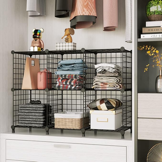 AWTATOS Wire Cube Storage, Closet Organizer, 6 Cube Storage Shelf, Black | Metal Cube Storage Shelves Bookshelf, Portable Closet Clothes Organizer, Wire Shelving for Bedroom, Home, Office
