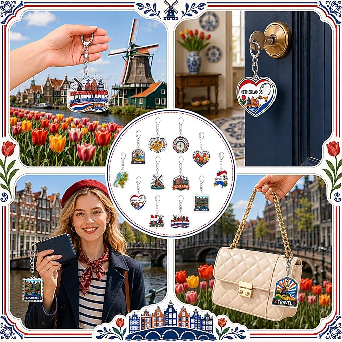 12Pcs Netherlands Keychain Souvenir Set Acrylic Holland Amsterdam Travel Key Ring Charms with Dutch Windmill Tulip Wooden Shoes Design Aesthetic Bag Pendant Party Favors Gift for Backpack Key Decor