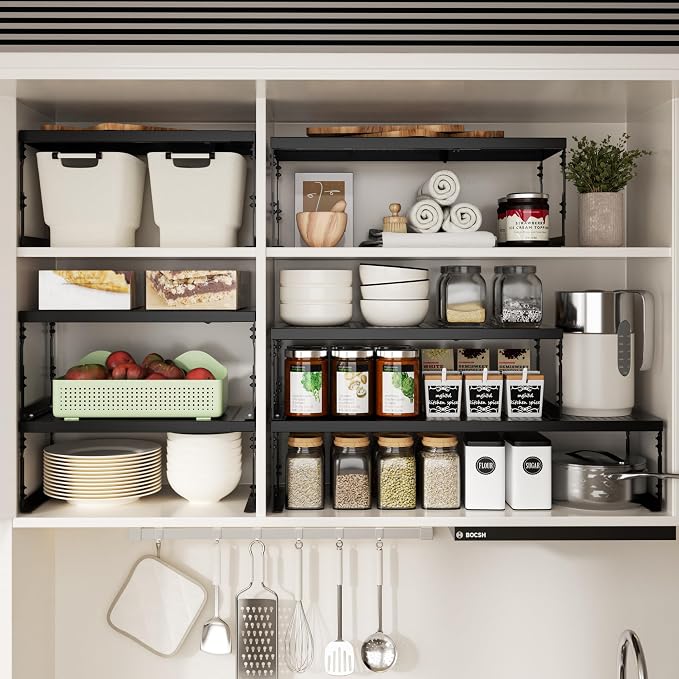 Jojocross Adjustable Stackable Metal Storage Shelf Organizer - Expandable Wire Rack with Perforations for Kitchen, Pantry, Bathroom, Cabinet & Office-Compact, Durable & Sturdy (2PACKS/Large/Black)